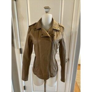 Shelby Faux Leather Zippered Moto Jacket Light Tan Camel -Size Small